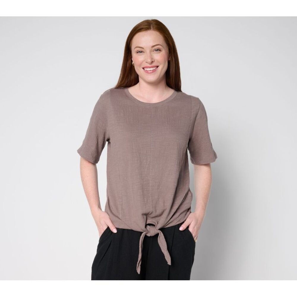 Anybody Women's Top Sz L Crinkle Knit Jersey Tie Front Tee Brown